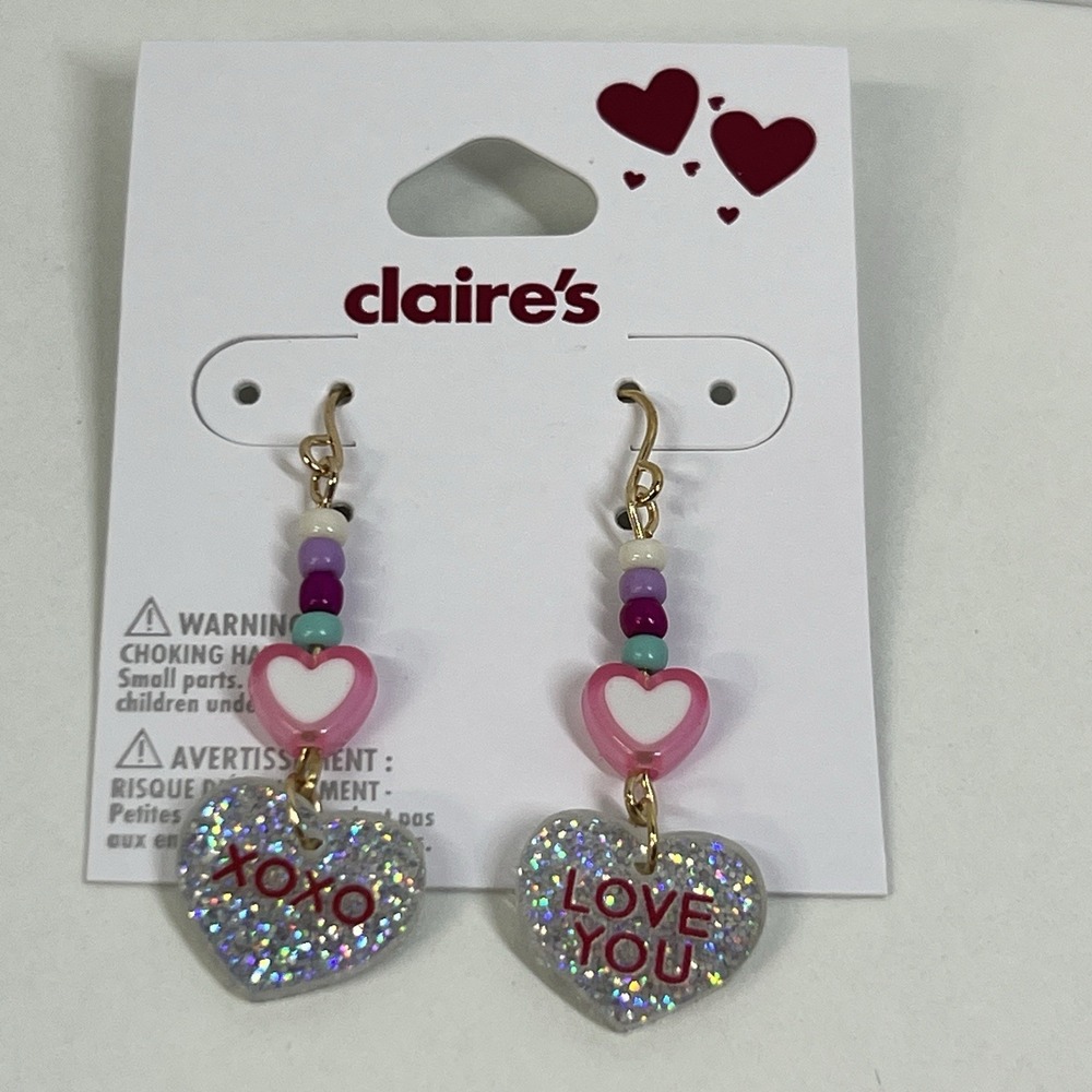 Claires Heart Drop Earrings XOXO Love You Glitter Valentine Pink Purple Blue‎